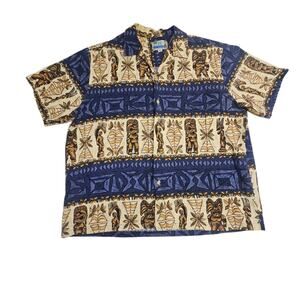 Vintage RJC Hawaiian Shirt Mens XL Blue Tiki Barkcloth Hawaii USA Resort Beach